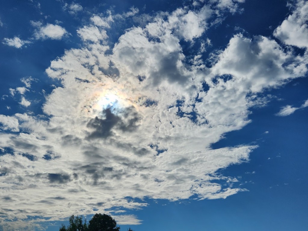 The sun through clouds, producing a halo.